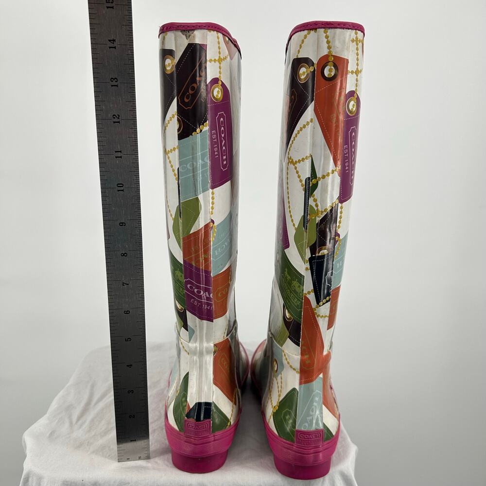 Women's Pink Multicolor COACH F2460 Pammie Hang Tags Rubber Rain Boots 8B - Picture 7 of 9
